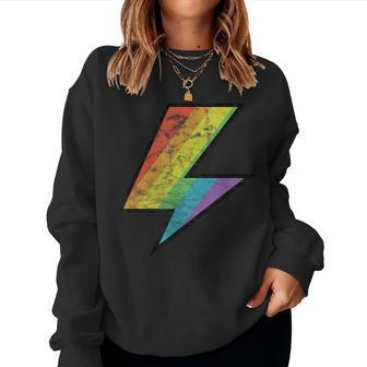 Distressed Vintage Rainbow Lightning Bolt Gay Lgtbq Pride Women Sweatshirt - Monsterry