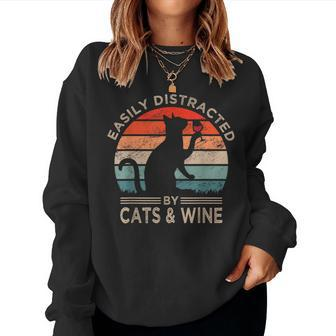 Easily Distracted By Cats & Wine Vintage Cats Wine Women Sweatshirt - Monsterry DE
