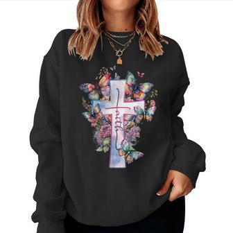 Faith-Cross Floral Butterflies Christ Flowers Religious Women Sweatshirt - Monsterry UK