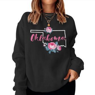 Floral Oklahoma Vintage Rose Pink Flower Us Map Home State Women Sweatshirt - Monsterry