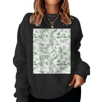 French Green Toile Chinoiserie With Flowers Leopards Women Sweatshirt - Monsterry CA