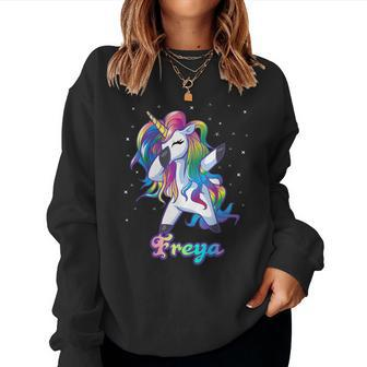 Freya Name Personalized Custom Rainbow Unicorn Dabbing Women Sweatshirt - Monsterry CA