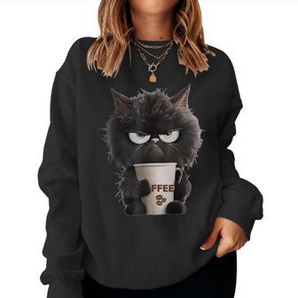Angry Black Cat Drinking Coffee Loves Coffee Pet Women Sweatshirt - Monsterry UK