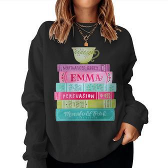 Jane Austen Book Stack Tea Fans Vintage Literary Women Sweatshirt - Seseable