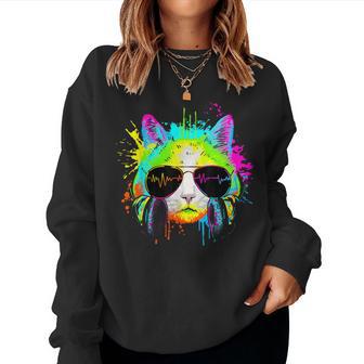Kitty Colorful Rainbow Rave Music Dj Cat Women Sweatshirt - Thegiftio UK