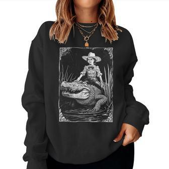 Girl Riding Alligator Weird Florida Crocodile Meme Women Sweatshirt - Monsterry