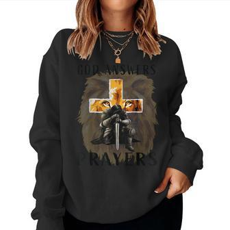 God Answers Prayers Warrior Christian Cross Lion Graphic Women Sweatshirt - Monsterry DE