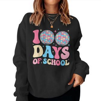 Happy 100Th Day Of School Teacher Groovy Disco Ball 100 Days Women Sweatshirt | Mazezy