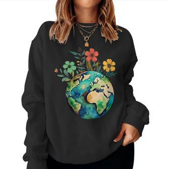 Happy Earth Day Cute Earth With Floral Earth Day 2024 Women Sweatshirt | Mazezy