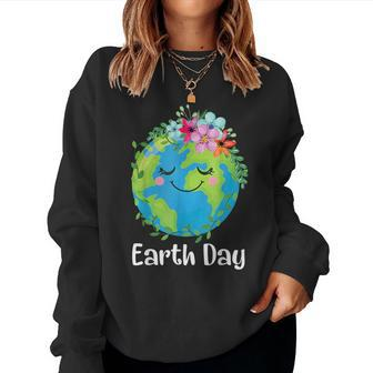Happy Earth Day Cute Earth With Floral Earth Day 2024 Women Sweatshirt - Seseable