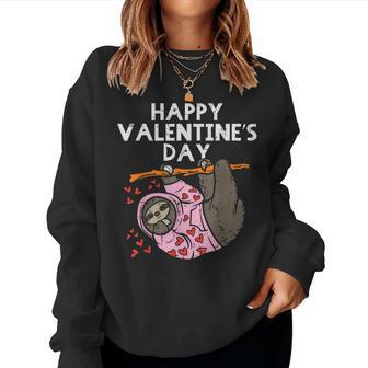 Happy Valentines Day Sloth Hearts Cute Lazy Animal Lover Women Sweatshirt - Monsterry