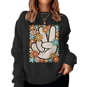 Hippie Peace Hand Sign Groovy Flower 60S 70S Retro Women Sweatshirt - Seseable