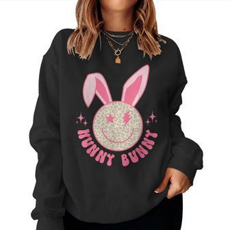 Hunny Bunny Retro Groovy Easter Leopard Smile Face Rabbit Women Sweatshirt | Mazezy CA
