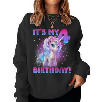 Its My 4Th Birthday Girl Unicorn Family Party Decorations Women Sweatshirt - Seseable