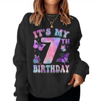 It's My 7Th Birthday Butterfly Theme 7 Year Old Party Girl Women Sweatshirt - Seseable