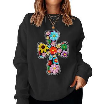 Jesus Christian Cross Flower Happy Easter Retro Women Sweatshirt | Mazezy CA