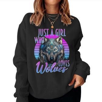 Just A Girl Who Loves Wolves Wolf Purple & Blue Sunset Women Sweatshirt - Monsterry