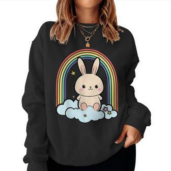 Kawaii Bunny Rabbit On A Rainbow Cloud Cute Animal Lover Women Sweatshirt - Monsterry