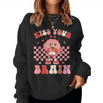 Kiss Your Brain Retro Valentines Day Teacher Squad Kid Women Women Sweatshirt - Seseable