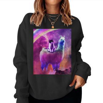 Kitty Cat Riding On Rainbow Llama In Space Women Sweatshirt - Monsterry