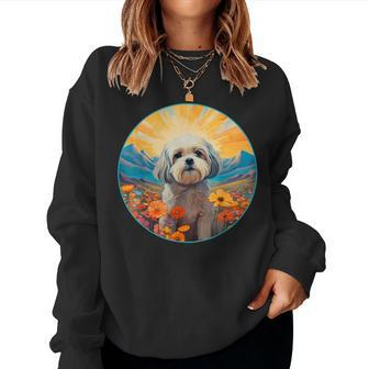 Lhasa Apso Puppy Dog Cute Flower Mountain Sunset Colorful Women Sweatshirt | Mazezy