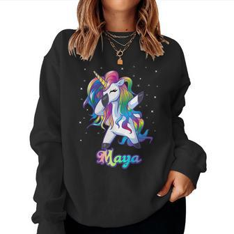 Maya Name Personalized Custom Rainbow Unicorn Dabbing Women Sweatshirt - Monsterry CA