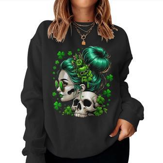 Messy Bun Irish Skull Saint Pattys Day Women Sweatshirt - Seseable