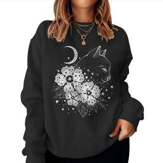 Mystic Cat With Moon And Flowers Astrology Esoteric Cat Women Sweatshirt - Monsterry