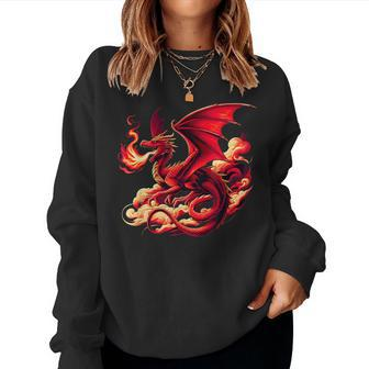 Mythical Red Dragon Breathes Fire On Clouds Boy Girl Dragon Women Sweatshirt - Seseable