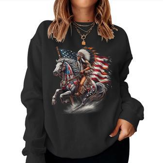 Native American Day Flag Indian Riding Horse 4Th Of July Women Sweatshirt - Monsterry UK