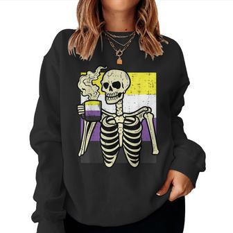 Nonbinary Skeleton Coffee Fun Enby Pride Flag Lgbt Men Women Sweatshirt - Monsterry AU