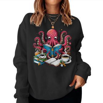 Octopus Reading Book Coffee Lover Bookaholic Bookworm Reader Women Sweatshirt - Seseable