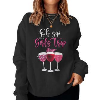 Oh Sip It's A Girls Trip Leopard Print Wine Glasses Women Sweatshirt - Thegiftio UK