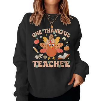 One Thankful Teacher Thanksgiving Retro Groovy Fall Teachers Women Sweatshirt - Thegiftio UK
