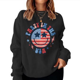 Party In The Usa Groovy Happy Face Patriotic Women Sweatshirt - Thegiftio UK