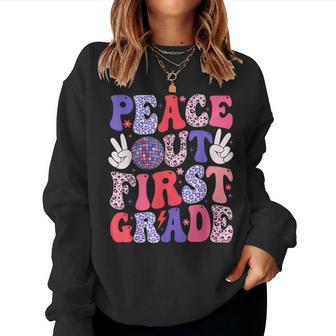 Peace Out First Grade Happy Last Day Of School Groovy Retro Women Sweatshirt - Seseable