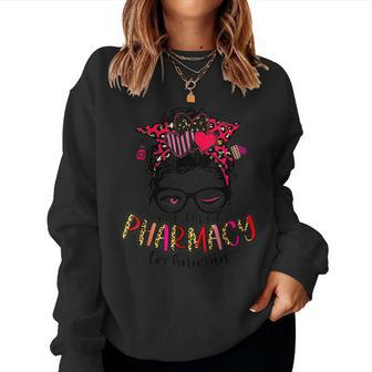 Pharmacy Technician Nurse Leopard Messy Bun Valentines Day Women Sweatshirt - Seseable