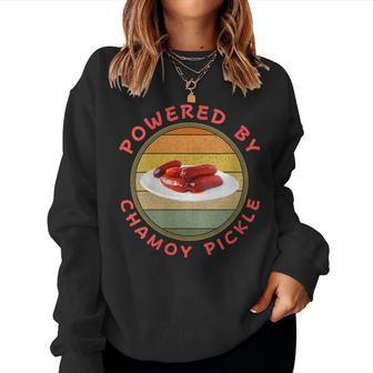 Powered By Chamoy Pickles Retro Humor Hot Pickle Food Lover Women Sweatshirt - Monsterry