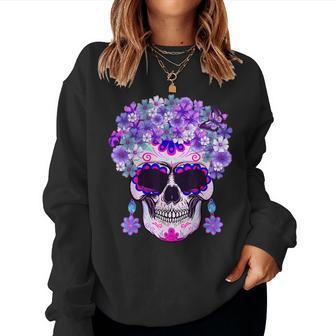 Purple Floral Sugar Skull Day Of Dead Bone Head Butterfly Women Sweatshirt - Monsterry