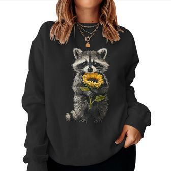 Raccoon Holding Sunflower Cute Flower Women Sweatshirt - Seseable