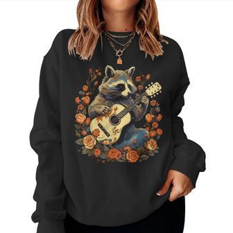 Raccoon Playing Guitar Cottagecore Floral Racoon Animal Women Sweatshirt - Monsterry