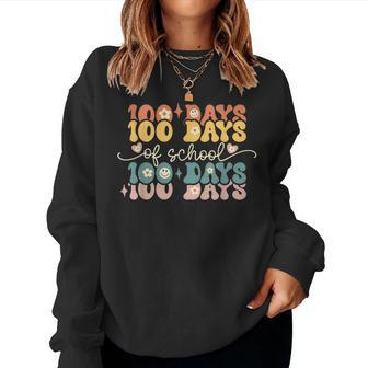 Retro 100 Days Of School Groovy Teacher 100Th Day Of School Women Sweatshirt - Monsterry