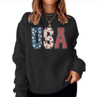 Retro 4Th Of July Usa Floral Flowers Independence Day Women Women Sweatshirt - Thegiftio UK