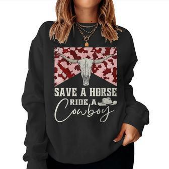 Retro Bull Skull Western Country Save A Horse Ride A Cowboy Women Sweatshirt - Monsterry