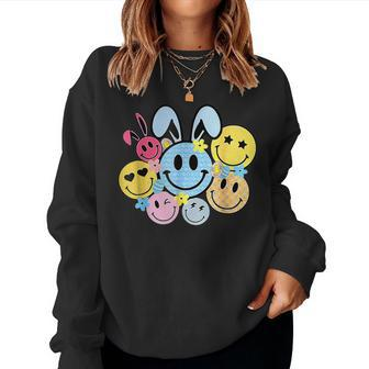Retro Easter Bunny Smile Face Groovy Happy Easter Day Womens Women Sweatshirt | Mazezy