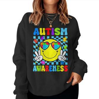 Retro Groovy Autism Awareness Hippie Smile Face Boy Girl Kid Women Sweatshirt - Monsterry AU