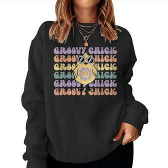 Retro Groovy Chick Easter Cute Chicken With Glasses Women Sweatshirt | Mazezy
