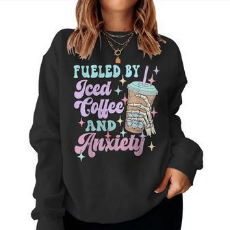 Retro Groovy Coffee Fueled By Iced Coffee And Anxiety Women Sweatshirt | Mazezy