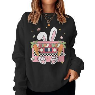 Retro Groovy Easter Hip Hop Bunny Cassette Hippie Music Women Sweatshirt - Seseable