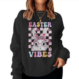 Retro Groovy Easter Vibes Bunny Checkered For Girls Women Sweatshirt | Mazezy